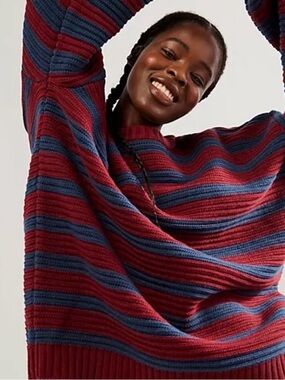 Free People Striped Crewneck Sweater in Burgundy and Navy - XS